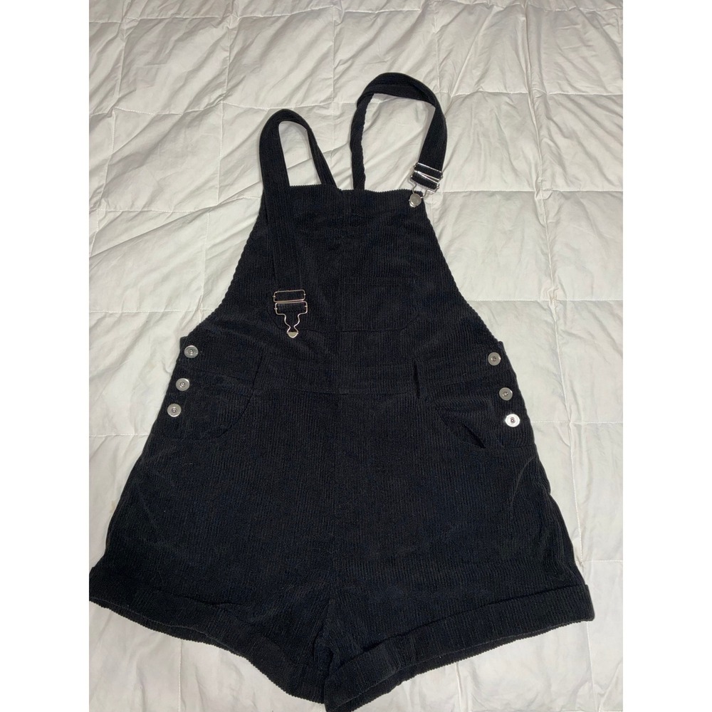 Black Corduroy Overall Shorts Adjustable Straps Bib Pocket Shortalls-read detail